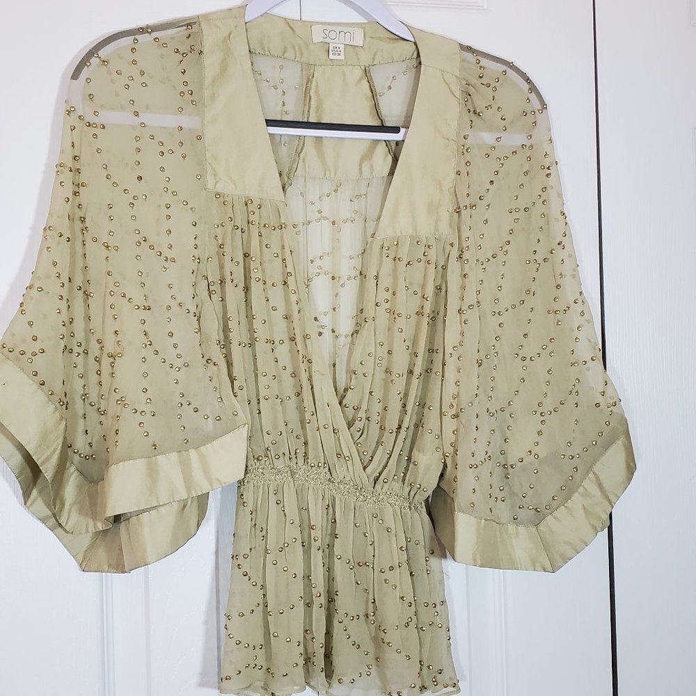 Somi Sz 4 Sheer Silk Top with Gold Beading, light green